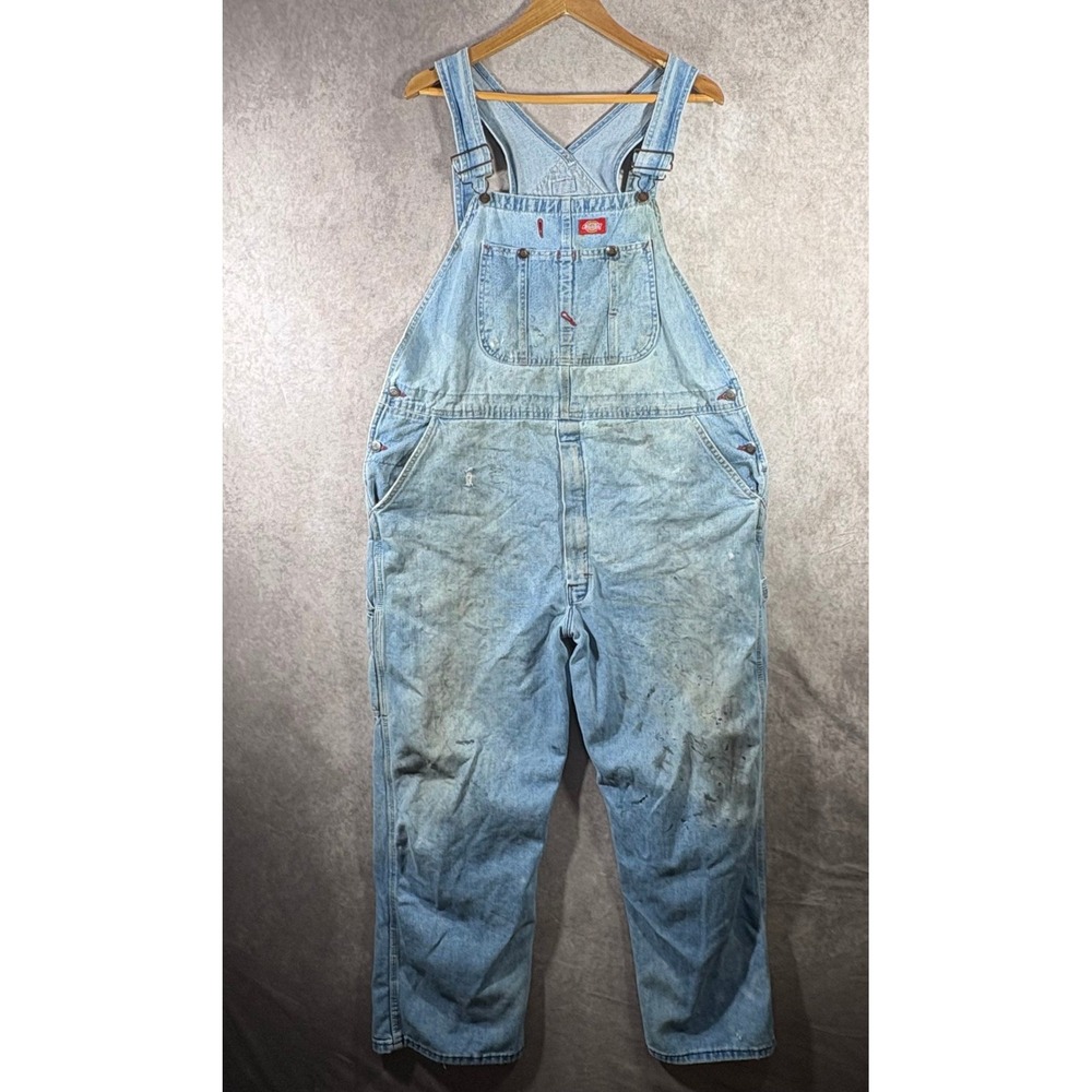 Dickies Overalls Mens 42x30 Blue Denim Bib Workwear Distressed Carpenter Rugged